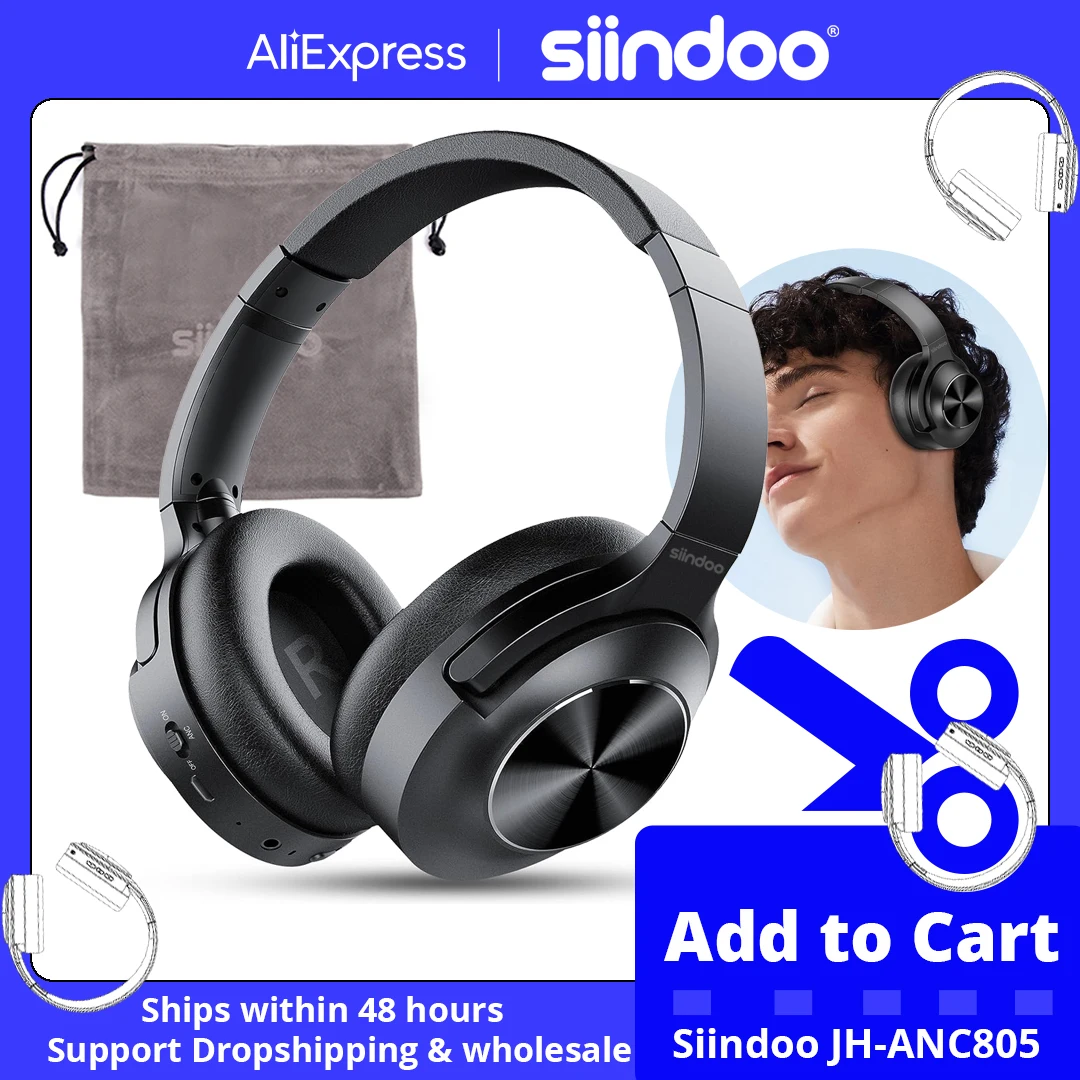 Siindoo Active Noise Cancelling Headphones, Wireless Over Ear Bluetooth 5.3 Headset, 65 Hrs Playback, Deep Bass, Built-in Mic