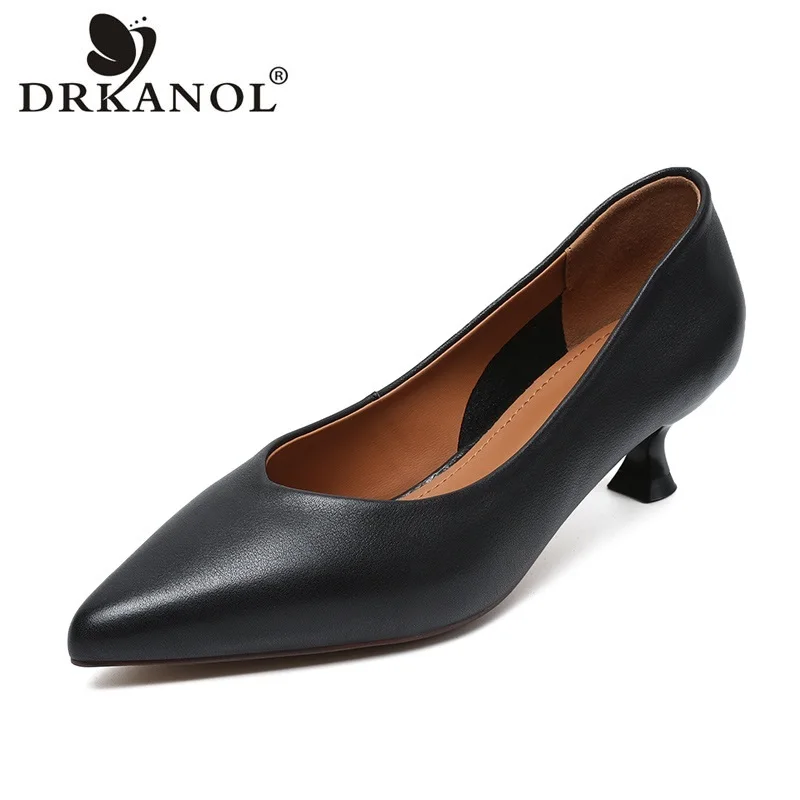 DRKANOL Women Pumps 2024 Spring Shallow Genuine Leather Pointed Toe Slip On High Heel Shoes Solid Color Office Lady Shoes Black