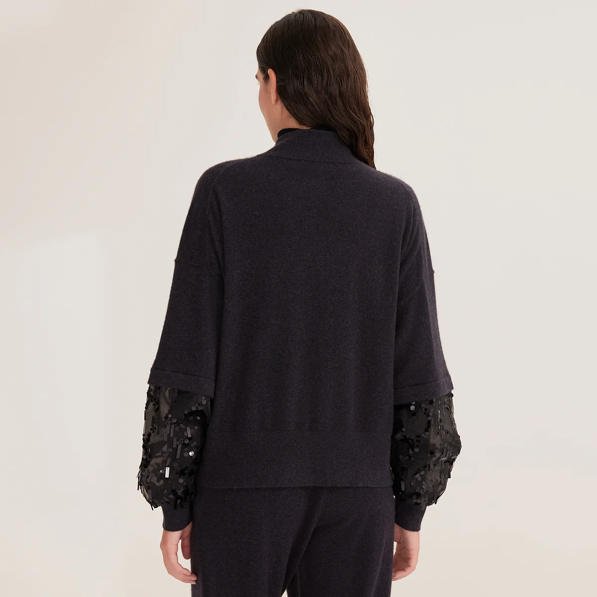 BD4521243 Women's Cashmere Button Cardigan Stand Neck Long Sleeve Organza Sequin Cuff Relaxed Fit Winter Knitwear