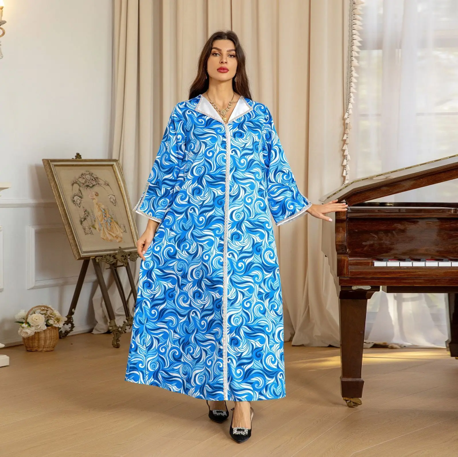 AB371 Clothing Muslim Women's Dress Indonesian Blue and White Blue Hot Stamped Diamond Dress