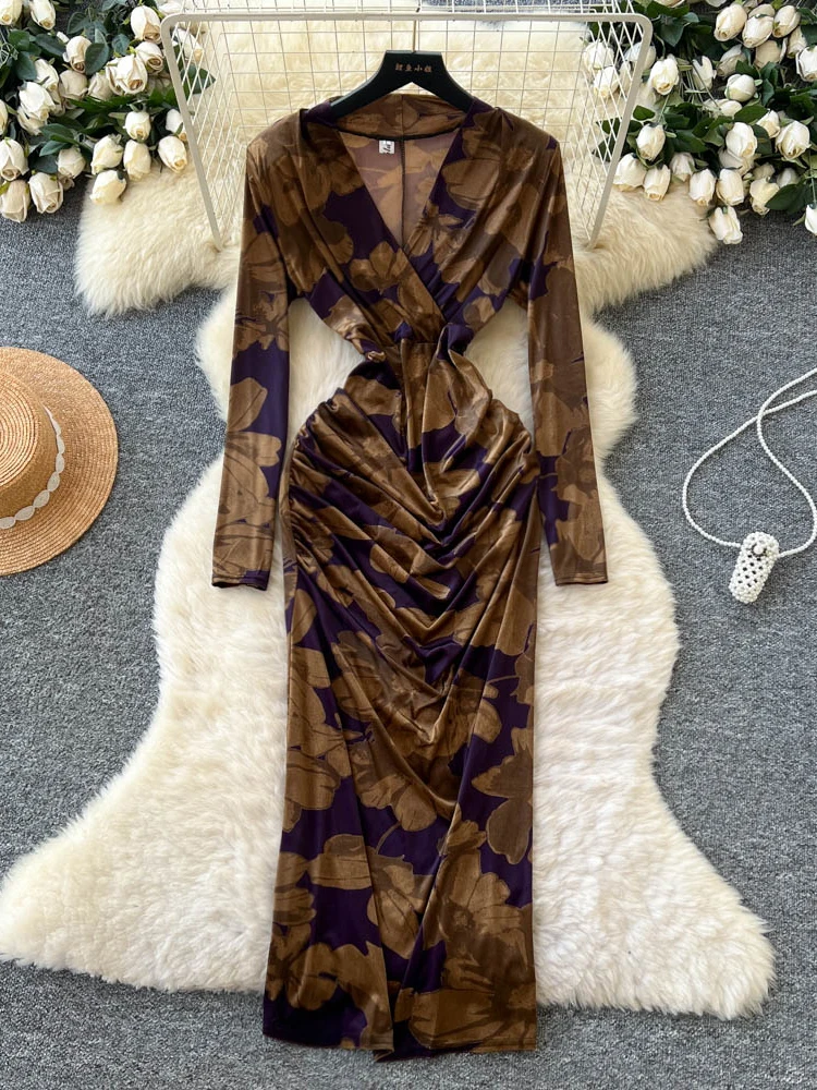 

Sexy Cross V-Ne Long Sve Velvet Print Dr Women's High Waist Slim Fit Long Skirt Ci Commuting A-Line Silhouette