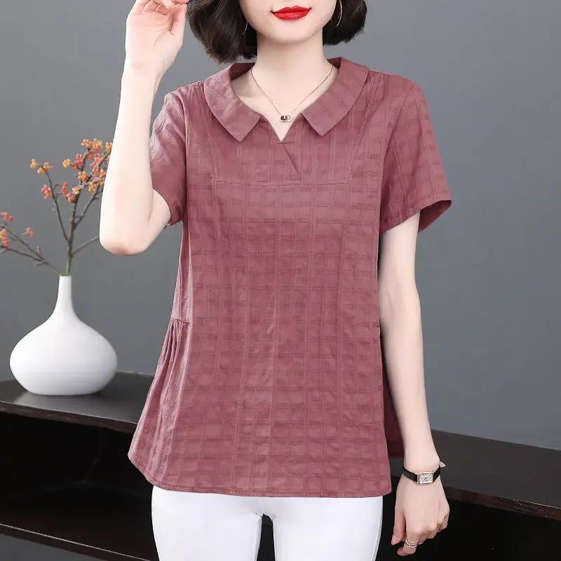 2024 Summer Women Korean Fashion Plaid Elegant Blouse Casual Solid Loose Cotton Shirt Simple Short Sleeve Tops Blusas Para Mujer