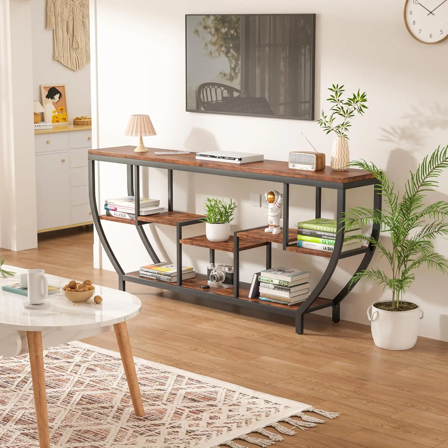 Extra lange consoletafel, metalen frame banktafel met opbergruimte, industriële foyer inkomtafel (bruin)