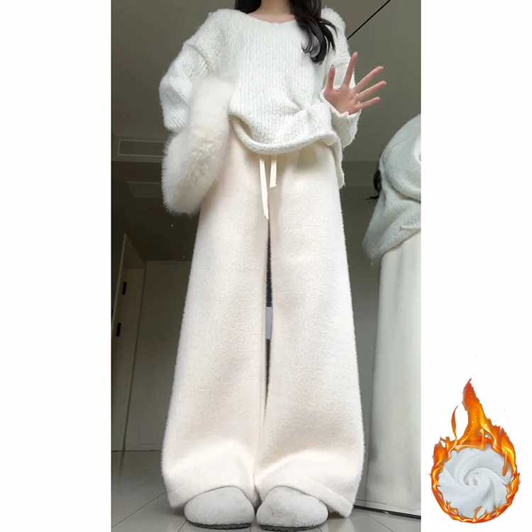 Thiened ニットミンクファー裏地付きカジュアルパンツ女性の秋冬ハイウエストストレートレッグ暖かいレジャーパンツ通勤 Sle