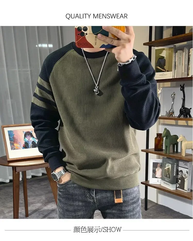 New Men's Long Sleeved Round Neck Pullover Casual Base Sweater with Vertical Stripe Splicing Contrasting Color Sweatshirt XJ170