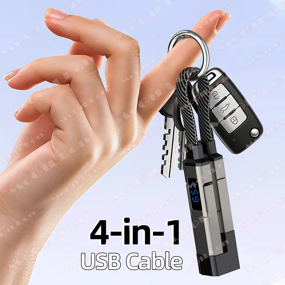 

65W Digital Display 4 in1 Super Fast Charging Keychain Data Cable Intelligent Digital Display Short Cable for iphone 17 Samsung