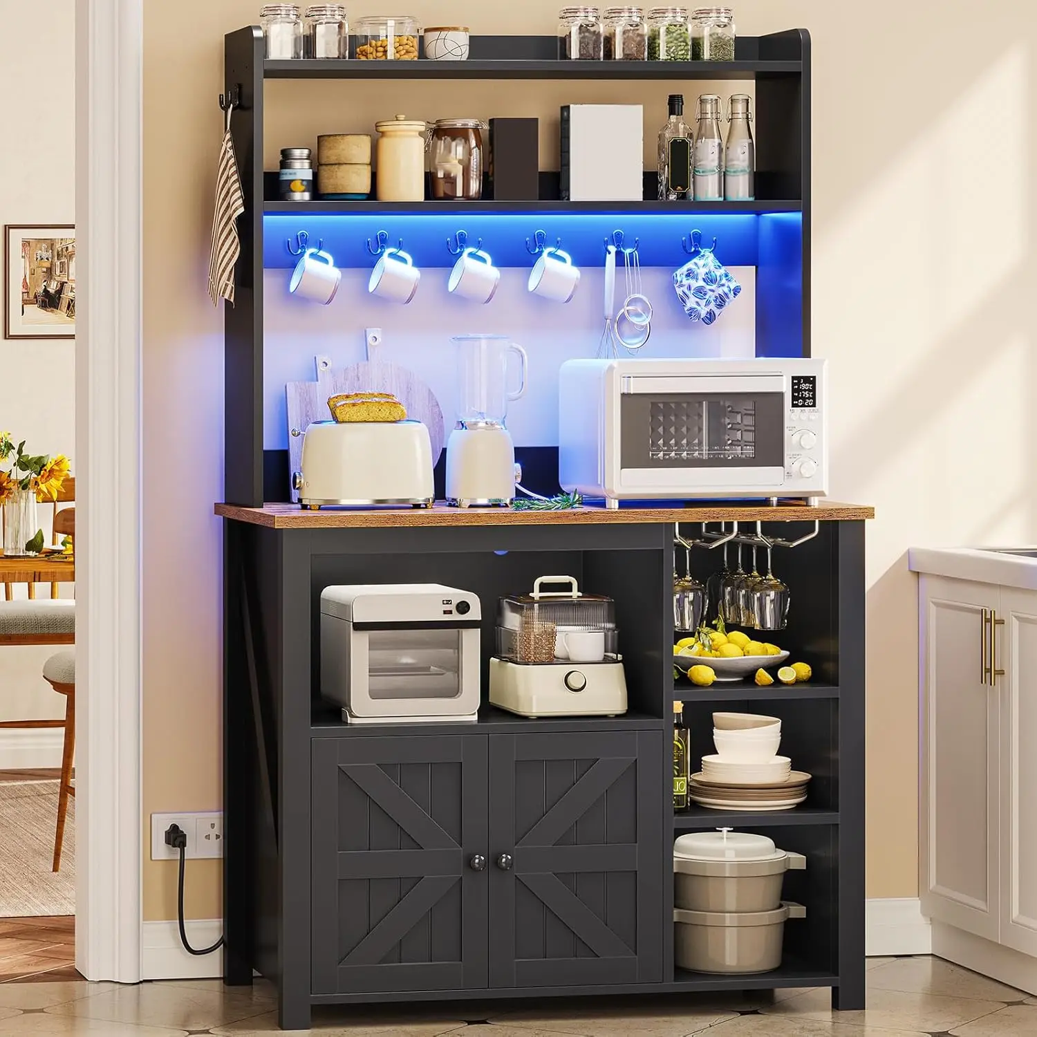 

35.4 Inch Coffee Bar Cabinet, Bakers Rack With Power Outlet And Storage, Farmhouse Microwave Stand Kitchen Cabinet With Hutch