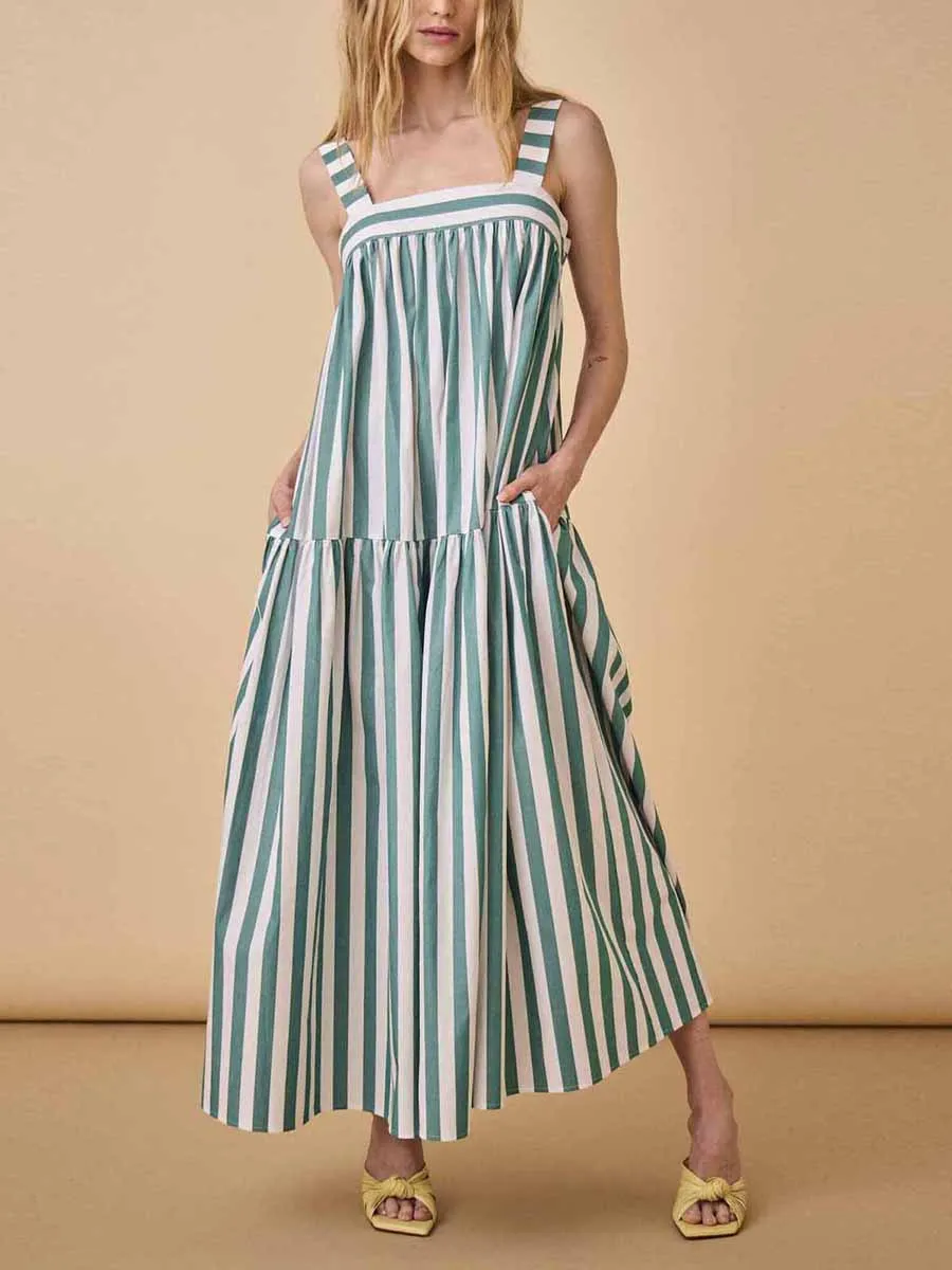 

Women Striped Cami Dress Wide Strap Back Lacing Sleeveless Midi Dress Square Neck Backless Beach Flowy Dresses