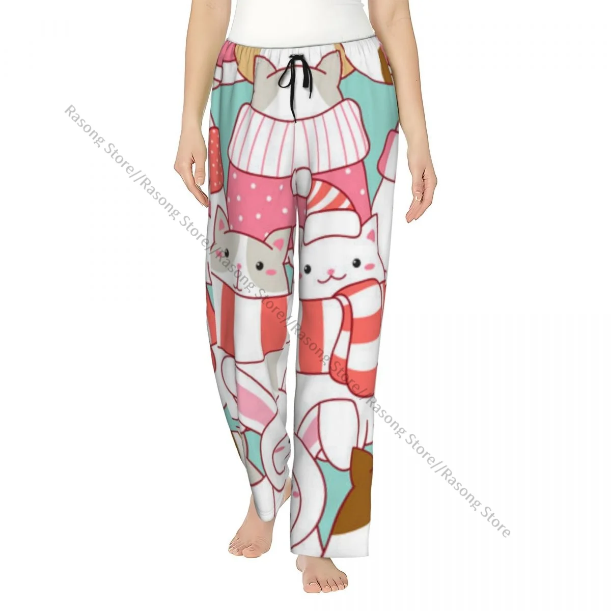 

Christmas Cute Cats Texture Flannel Pajama Pants for Women Soft Warm Sleep Pants with Elastic Waistband