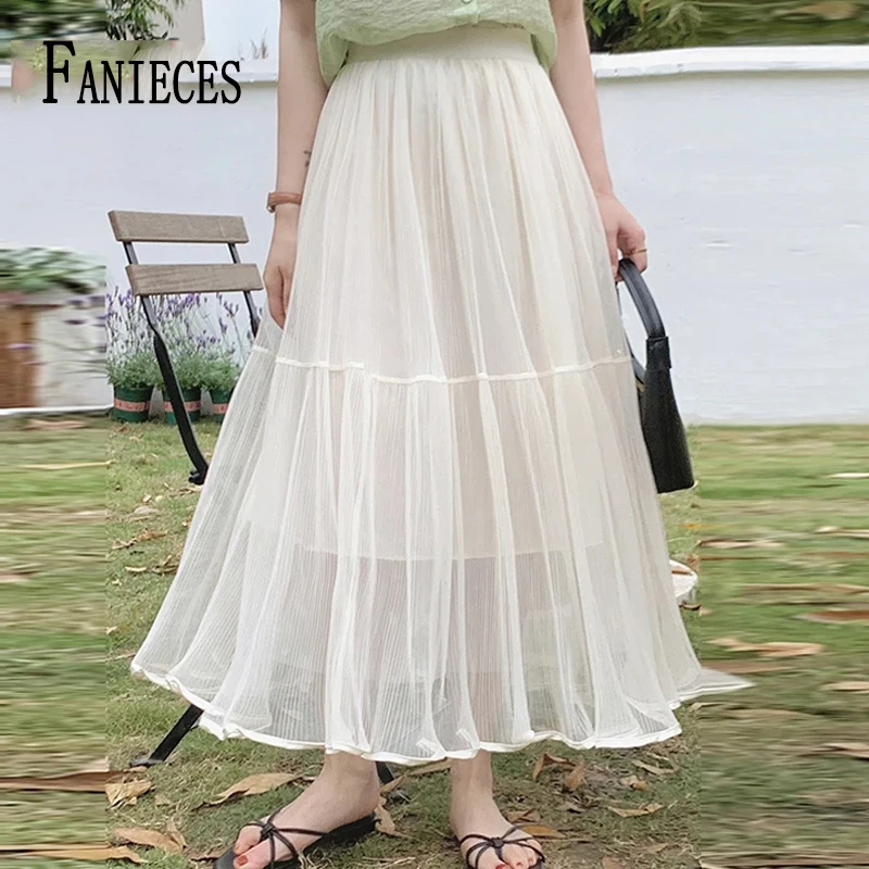 FANIECES Fairy Solid White Long Tulle Skirt Bridesmaid Dress High Waist Mesh Party Maxi Skirt Elegant Tutu Skirt saia tule