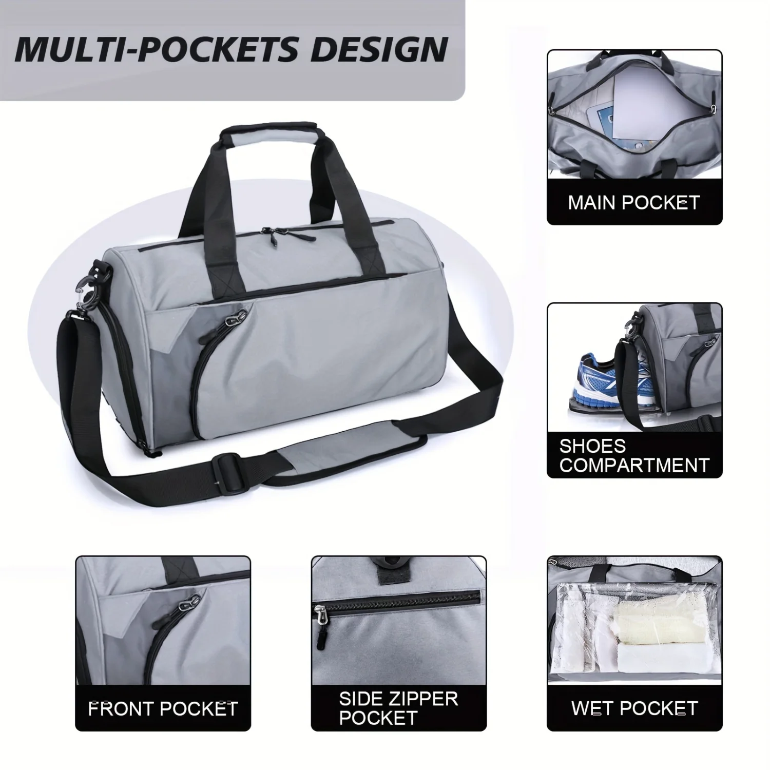 40L Gym Duffel Bag with Wet Pocket & Shoe Compartment - Unisex Weekender Carry On - Lightweight Grey Sports Bag