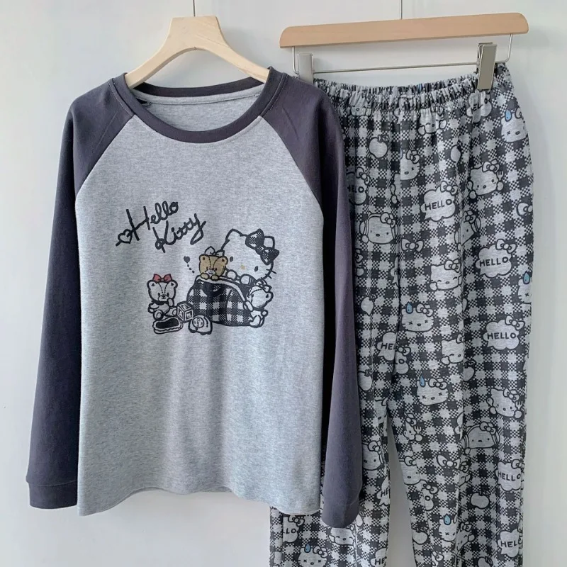 Kawaii Miniso Sanrio Hello Kitty Can Go Out Pigiama Casual Allentato in due pezzi Cartoon KT Cat Stampa a maniche lunghe Loungewear Set