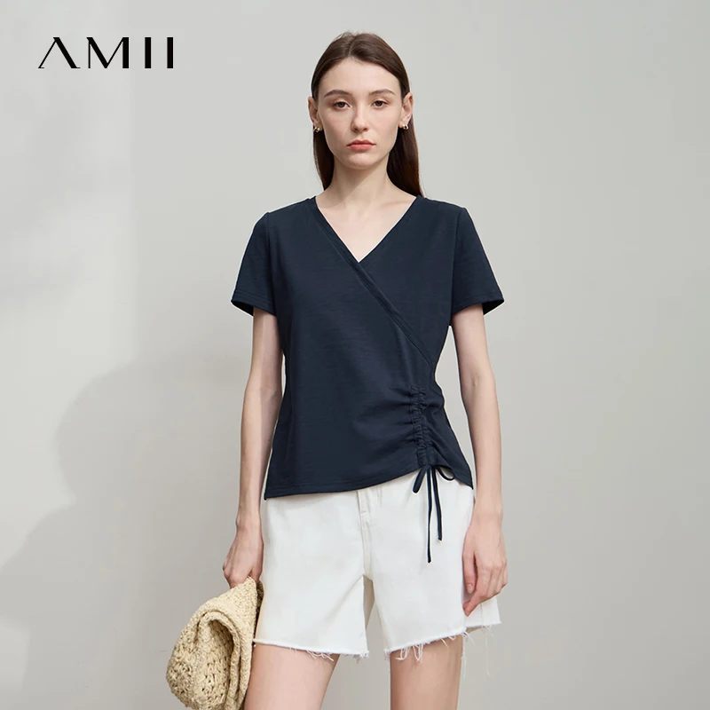 AMII Women's Minimalist Cotton T-Shirt 2026 Fashion Casual V-Neck Drawn Fold Short SleeveTee Tops Comfort Daily T-Shirt 12522163