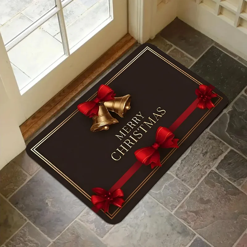Black Golden Bell Christmas Doormat, Red Bow Printed Floor Mat, Front Door Xmas Home Decoration