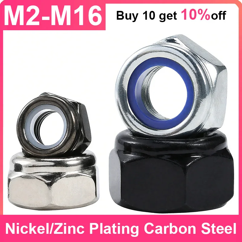 

M2 M2.5 M3 M4 M5 M6 M8 M10 M12 M14 M16 Hex Hexagon Nylon Insert Self Lock Nut Nylock Nut Locknut Carbon Steel Zinc/Nickel Plated