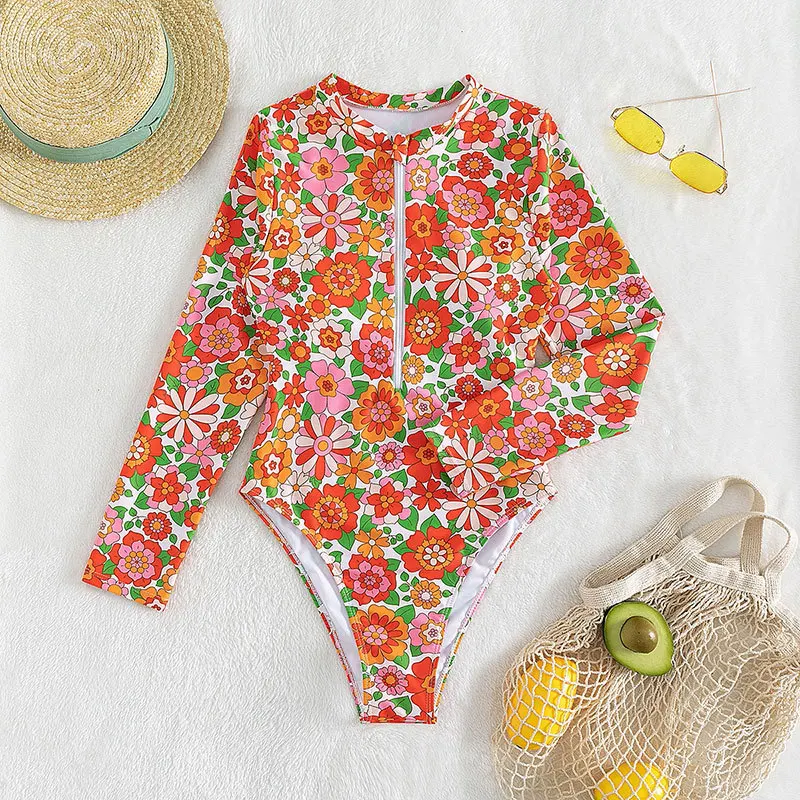 

2025 New Floral Print One Piece Swimsuit Sexy Long Sleeve Swimwear Women Bathing Suit Beachwear Zipper Monokini Swimming suits
