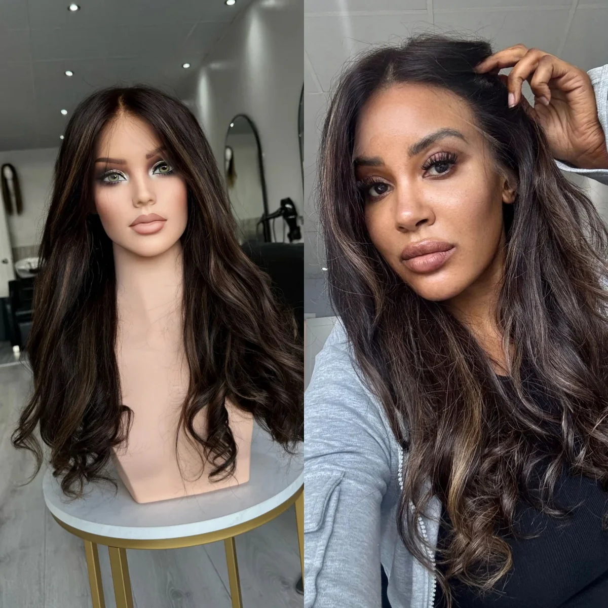 

Glueless Wig Easy To Wear 13*4 Synthetic Lace Frontal Wigs for Women Brown Highlights Middle Part Realistic Look Body Wave Wig