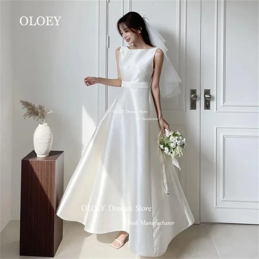 OLOEY Elegant Silky Teffeta Korea Wedding Dress A Line Sleeveless Bridal Gown Zipper Back Button Custom Wedding Party Gown