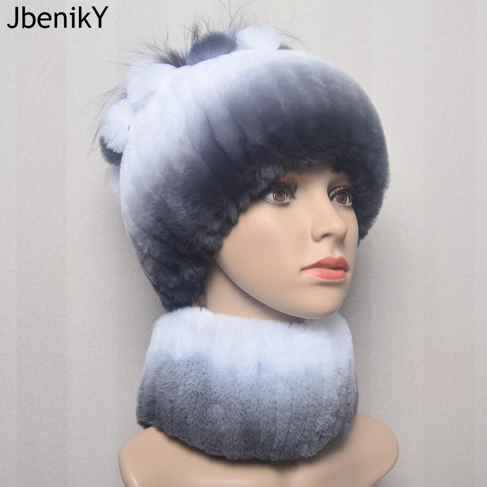 

New Style Lady Knit Fur Hats Muffler 2 Pieces Women Warm Rex Rabbit Fur Hat Scarf Sets Winter Natural Rex Rabbit Fur Cap Scarves