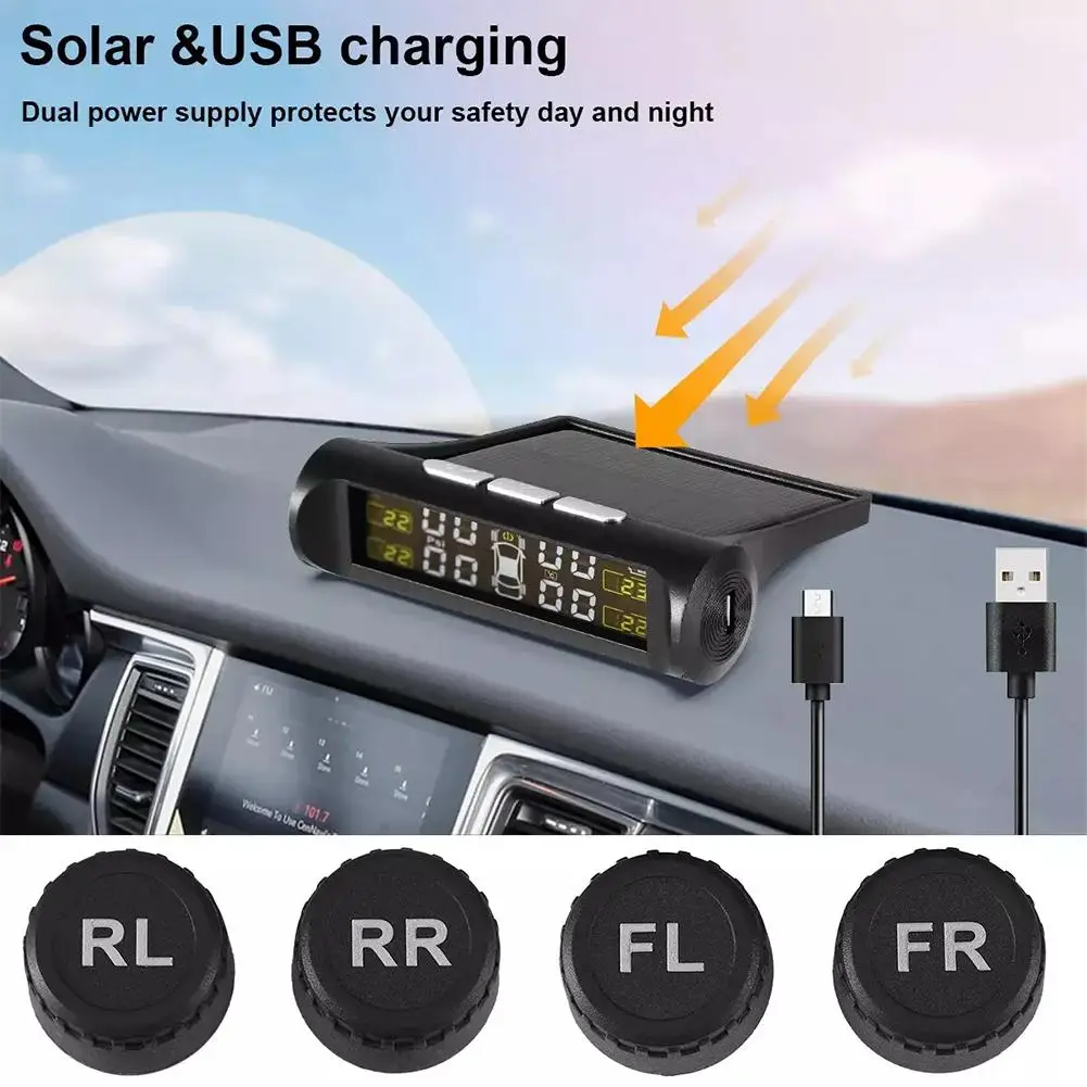 Solar Wireless Tire Pressure Monitor Automotive General Intelligent LCD Tire Pressure Cab Temperature Display Tire Repair Tools