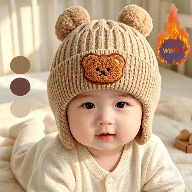 1-4PCS Toddler Knitted Bear Hat with Ear Covers Double Layer Fleece Lined Windproof Warm Beanie for Infants Boys Girls Winter