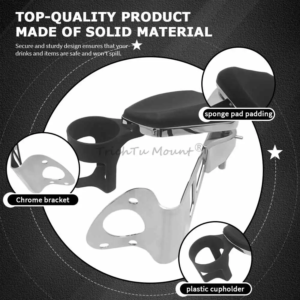 2x Rear Passenger Armrests w Drink Cup Holder Adjustable For Harley Touring Road Electra Glide Ultra and Glides 2014-later