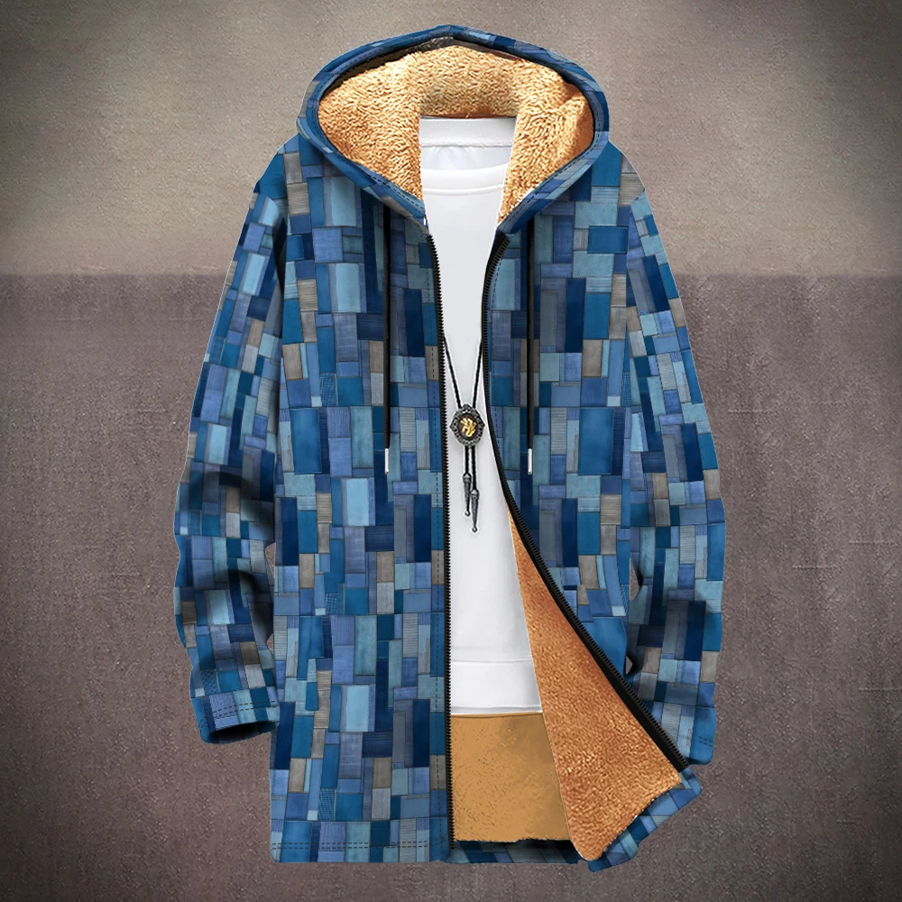 Unisex Blue Plaid Fleece Lined Hooded Jacket Vintage Checkered Coat with Soft Lining Trendy Streetwear for Autumn Winter