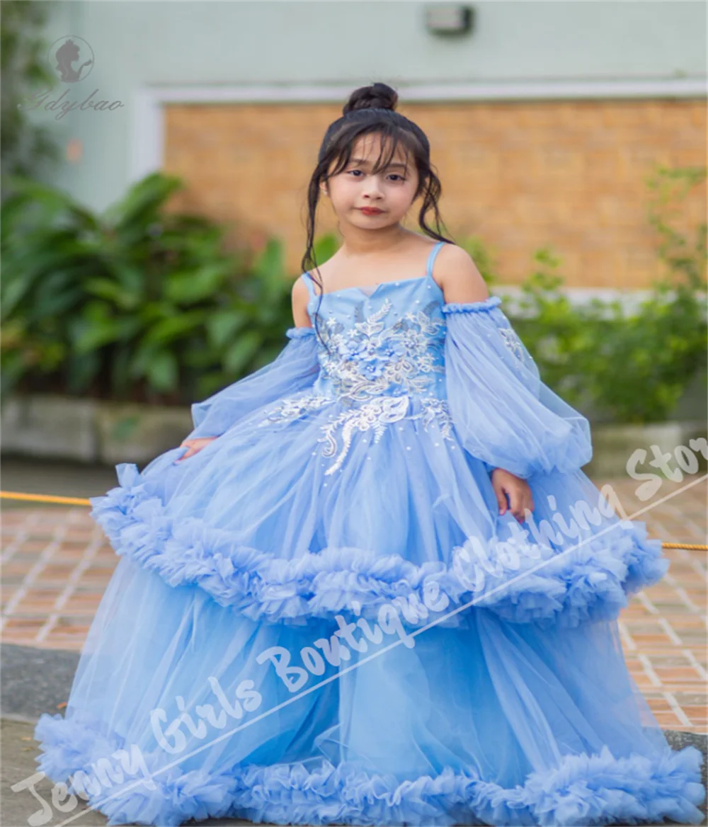 Light Blue Flower Girl Dress With Thin Straps Fluffy Layered Design Princess Style For Birthday Bridesmaid Evening Occasions