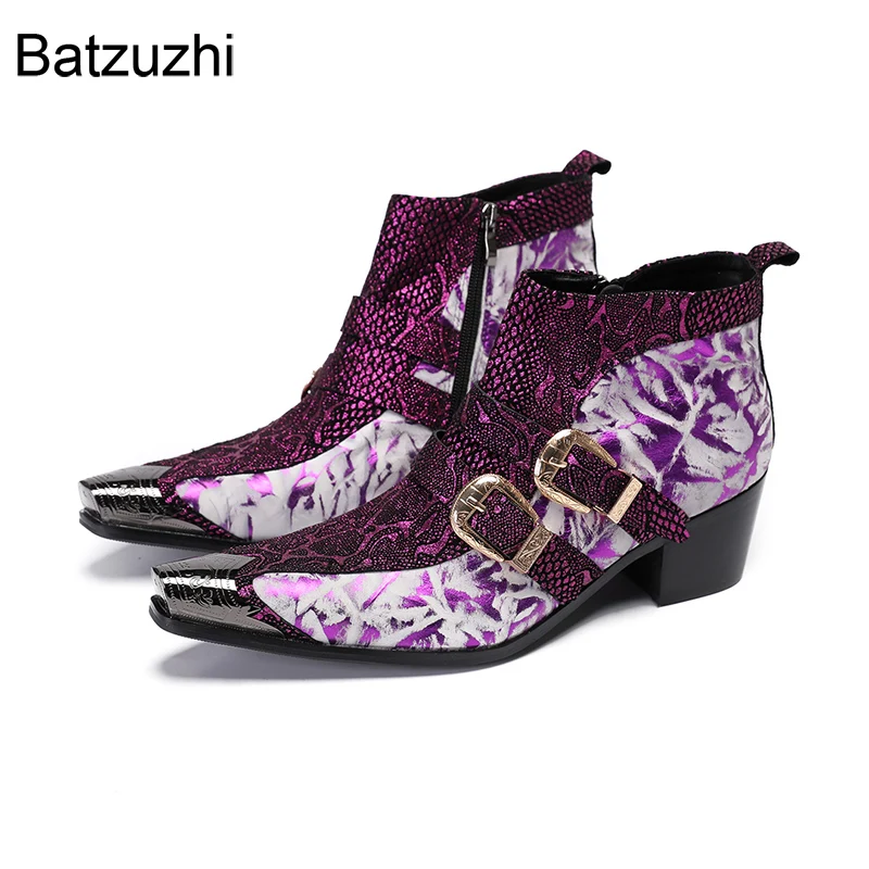 

Batzuzhi Luxury Handmade Men's Boots Pointed Iron Toe Purple Genuine Leather Short Boots for Man 6.5CM Heels!