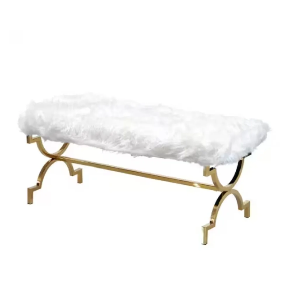 

Furniture Emerson Faux Fur Quatrefoil Bench with Gold Plated Frame, White