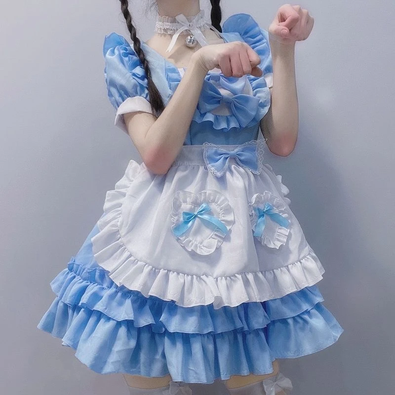 Kawaii Cosplay Lolita Dress Women Maid Uniform Casual Internet Celebrity Anchor Performance Costume Sexy Maid Costume Pink Blue