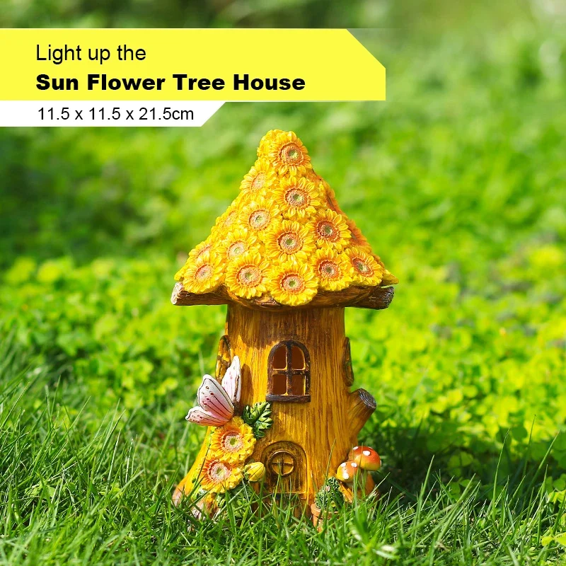 Craft Miniature Flower House Solar LED Lights Garden Fairy Outdoor Walkway Sunflower Resin Cottage Christmas Lights Decoration