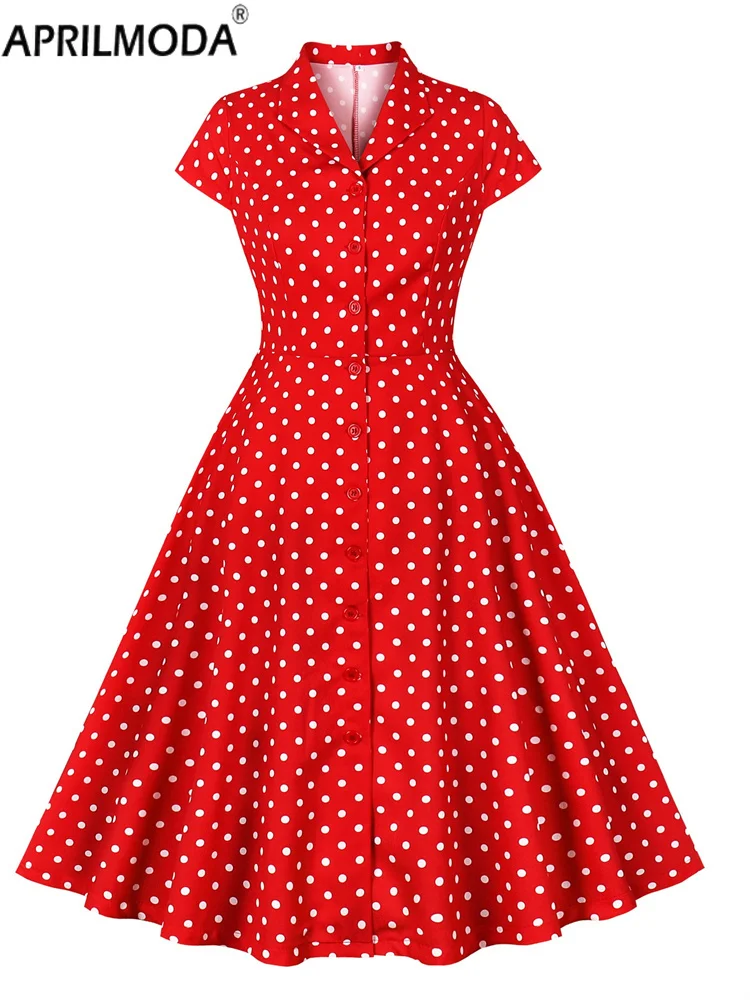 

Elegant Summer Vintage Swing Women's Dress Single Breasted Button Red Dot Print Turn Down Collar Runway Flare Tea Holiday Dress