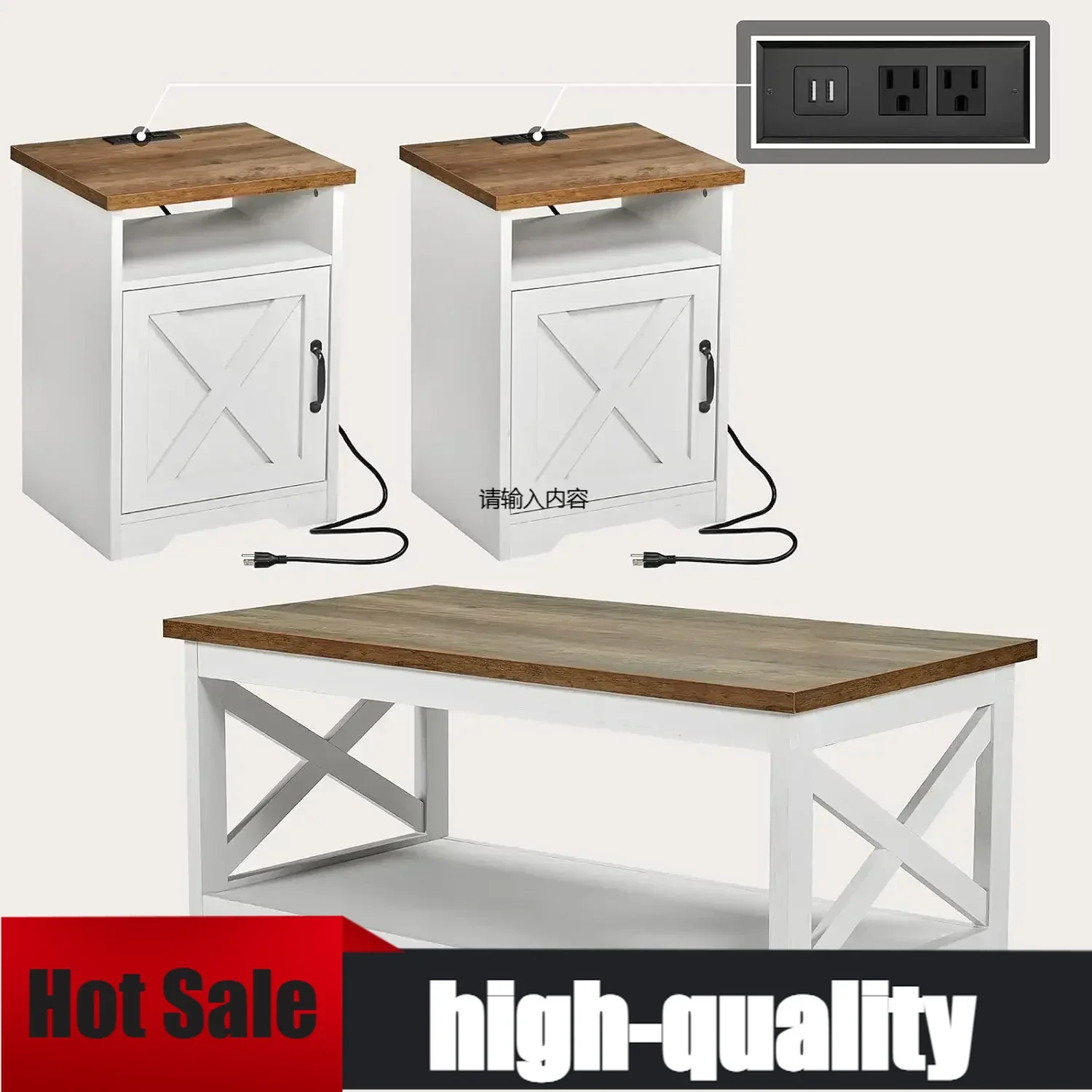 3-Piece Farmhouse Table Set Includes Coffee Table& Two End Tables, Side Table , for Living Room, Bedroom, Distressed White