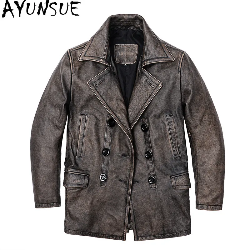 AYUNSUE Vintage Distressed Genuine Leather Jacket Men Double Breasted Top Grain Cowhide Real Leather Trench Coat jaqueta couro