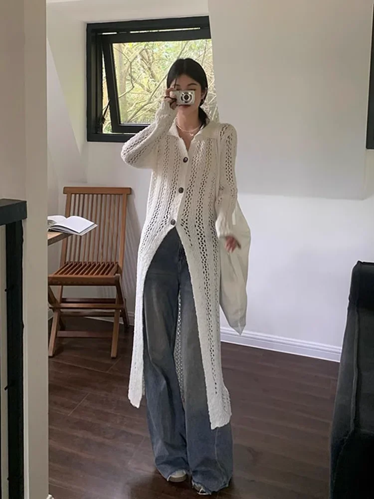 Vintage Hollow Out Mesh Long Coat White Slim Knitted All Match Sweet Sweater  Fashion Y2k Aesthetic Casual Cardigan Women