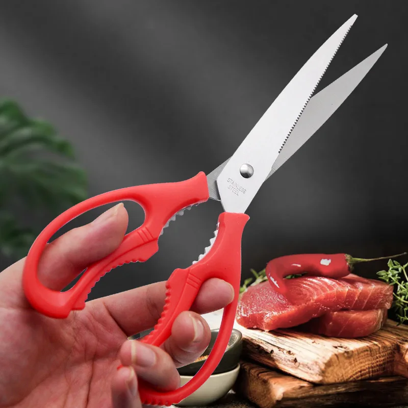 Stainless Steel Korean Barbecue Scissors Kitchen Multi-functional Anti Slip Serrated Scissors Thickened Chicken Steak Scissors