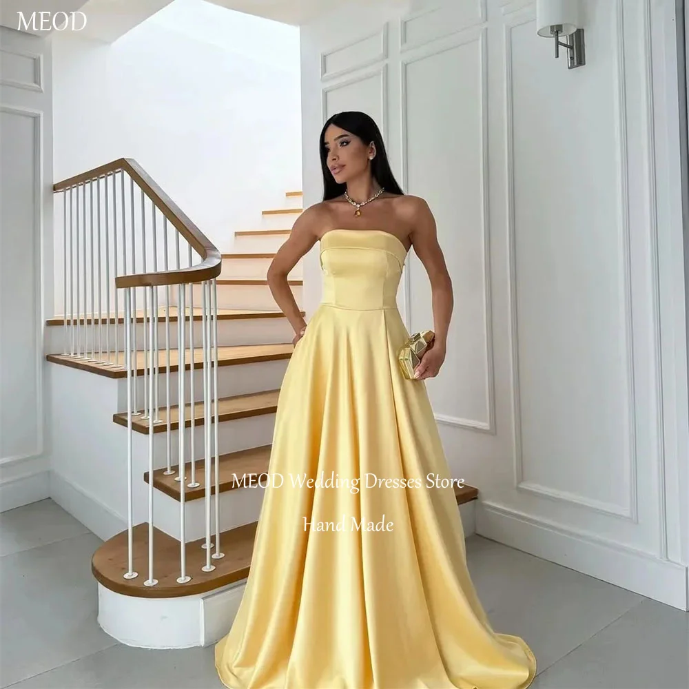 

MEOD Yellow Satin Evening Dress A Line High Slit Prome Gown Formal Strapless Floor Length Sleeveless Robes De Soirée Customized
