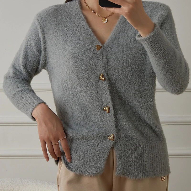 Elegante Mode Faux Nerz Pelz Strickjacken für Frau Y2K Französisch Herz Taste Pullover Oberbekleidung Frauen Herbst Neue V-ausschnitt Strickwaren