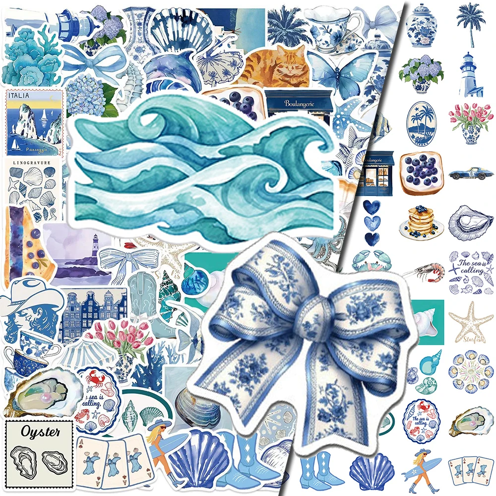 

10/30/50/100pcs Cartoon Blue Coastal Life Stickers Cute Sea Fish Decals Graffiti Stationery Phone Helmet DIY Waterproof Sticker