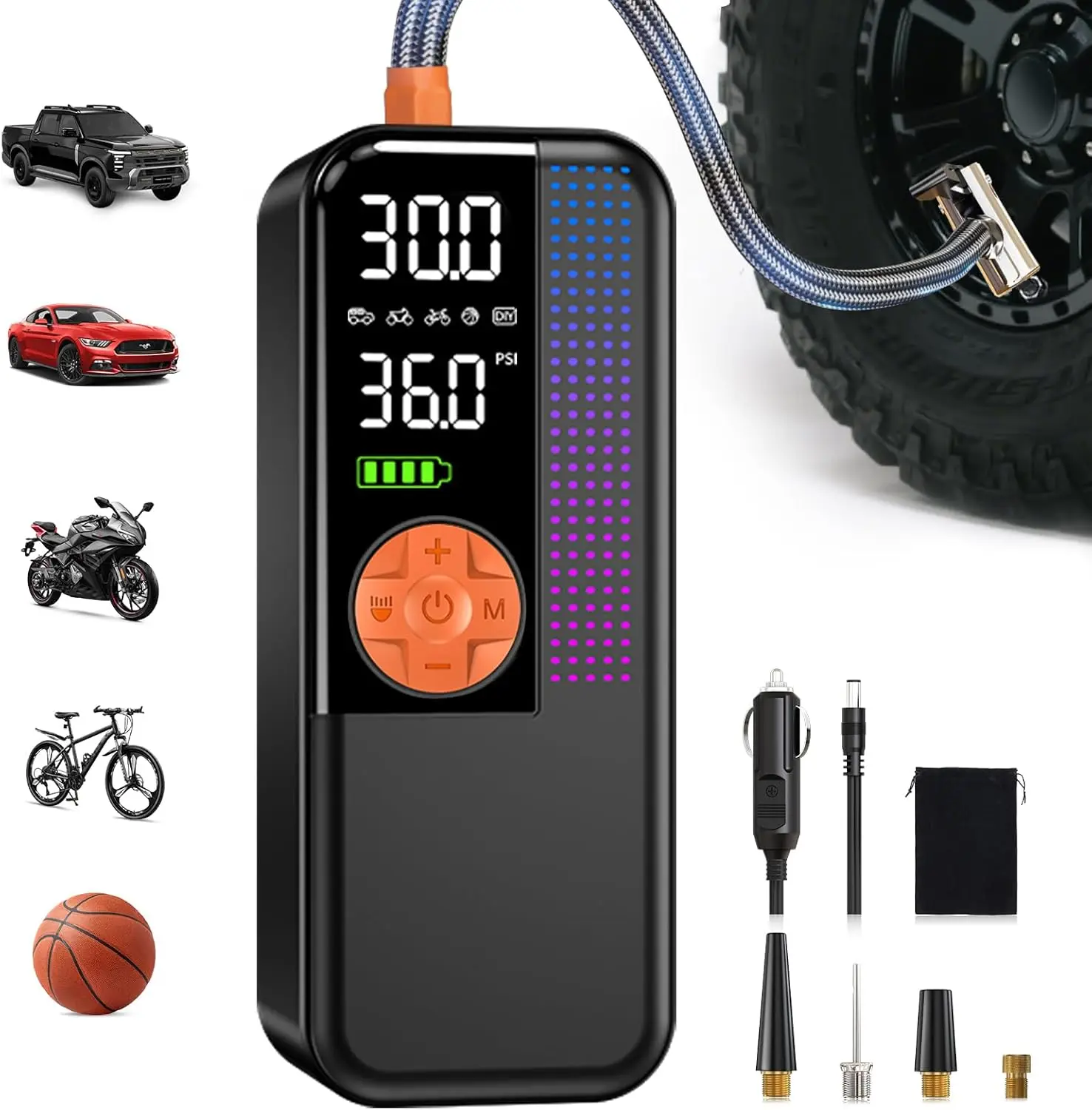 

Portable Tire Inflator 150 PSI, Cordless Air Pump with 12V DC Plug, Fast Inflation for Car Bike Motorcycle Balls
