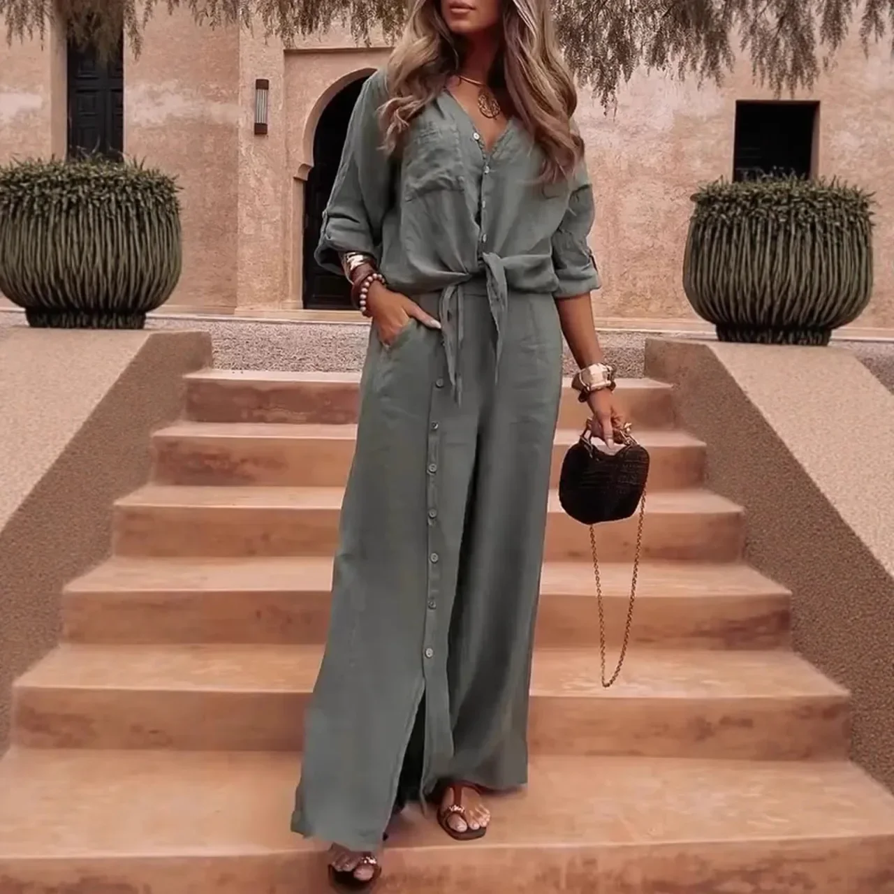 

Fashion Commute 2 Piece Set Women's Casual V Neck Long Sleeved Splicing Button Shirt Tops Solid Color Loose Wide Leg Pant Suits