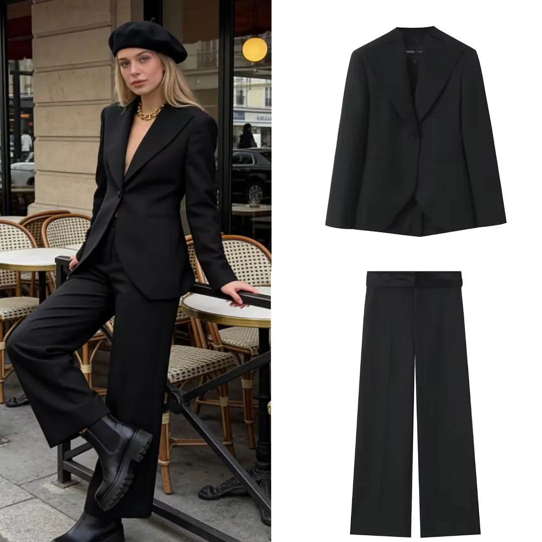 

Two Piece Pants Set Women's Casual Elegant Jacket Commuter Designer Slim-Fit Blazer Solid Color Belted Straight-Leg Pants