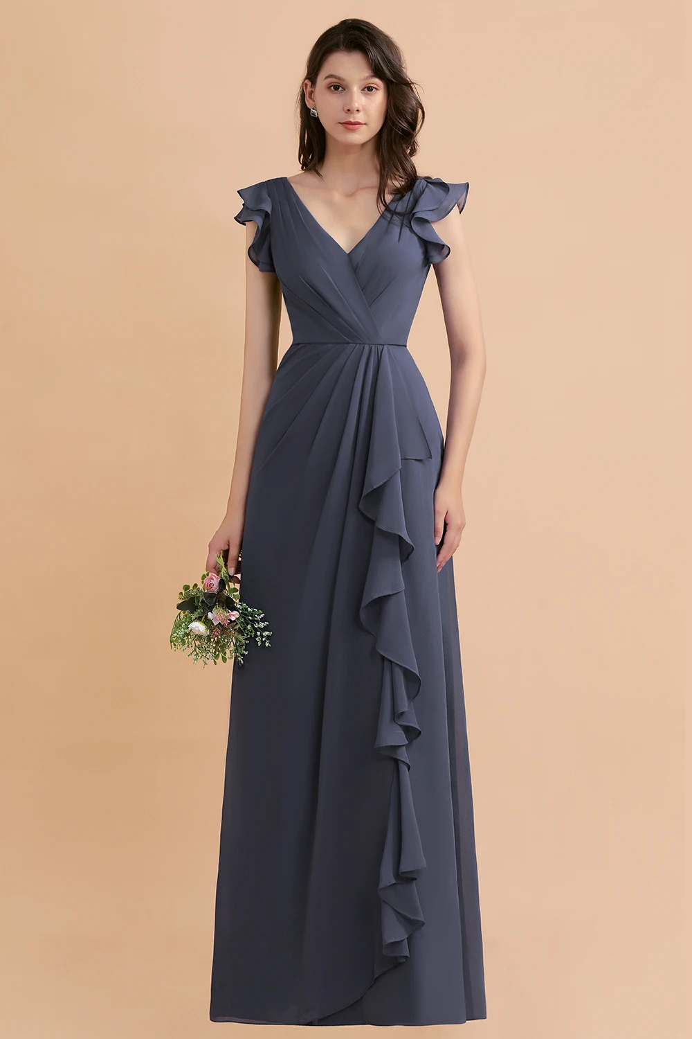 

Chiffon Double V-neck Ruffles Bridesmaid Dresses With Pleats & Pockets Elegant Stormy Blue Simple Guest Gowns For Wedding Party