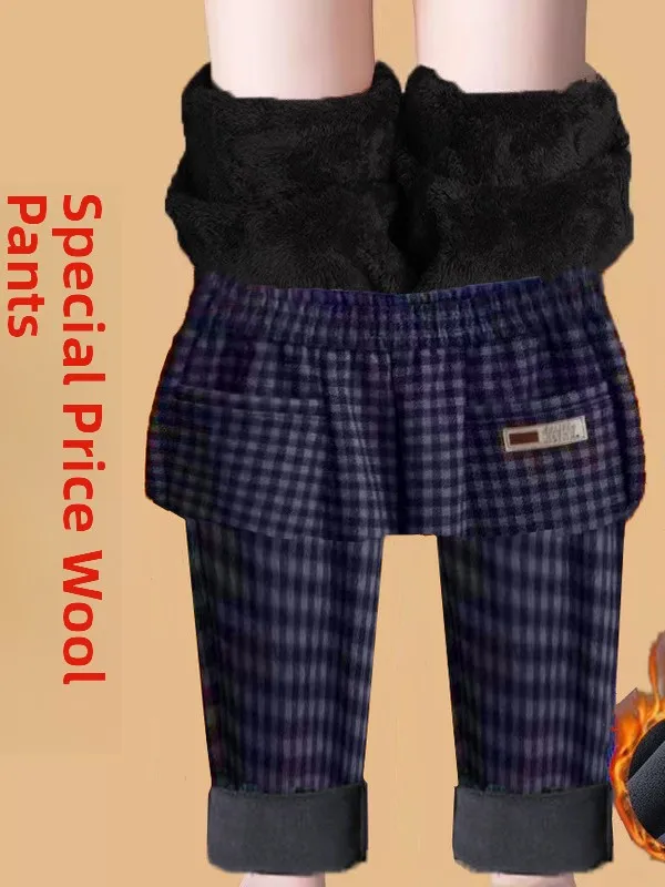 トレンディな格子柄ルーズハーランパンツ、裏地付き、カジュアルストレートレッグパンツ、スリムマムジーンズ、ハイウエスト、伸縮性ウエストバンド