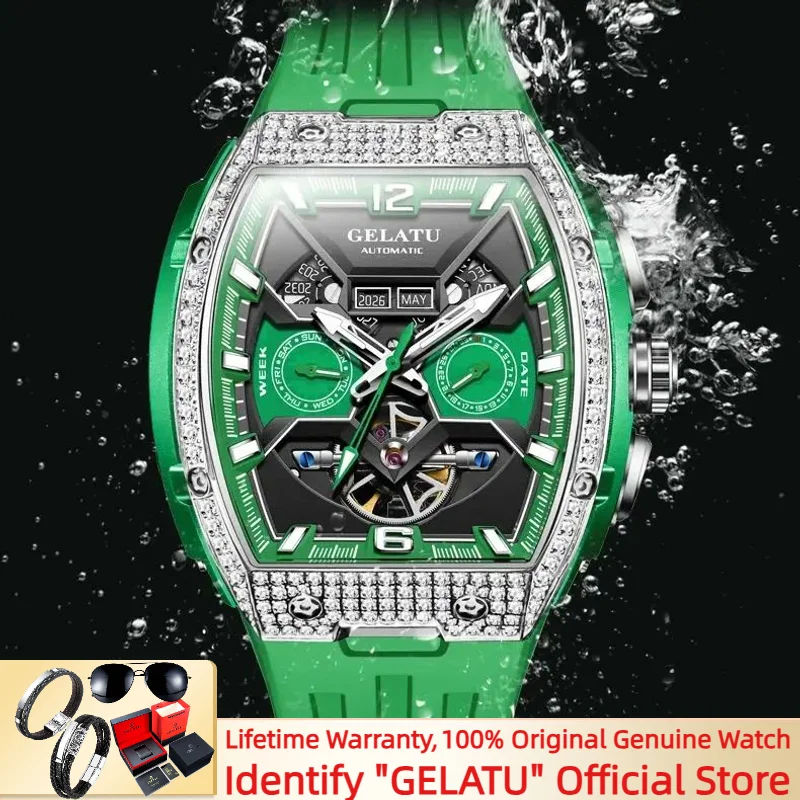 GELATU Automatic Mechanical Men's Watch Sapphire Crystal 50M Waterproof Skeleton Self-winding Trend Sports Men's Wristwatch New