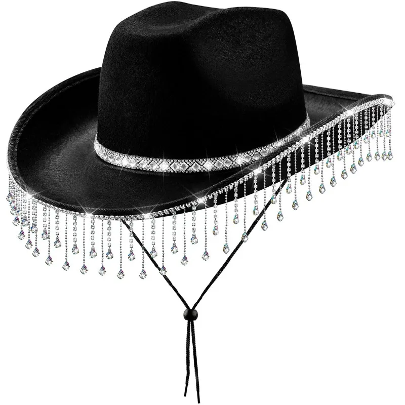 

Luxuriant Crystal Tassel Embellished Cowboy Hat for Women Jazz Hat White Cowgirl Hat Party Rolled Brim Cap Fashionable Bridal