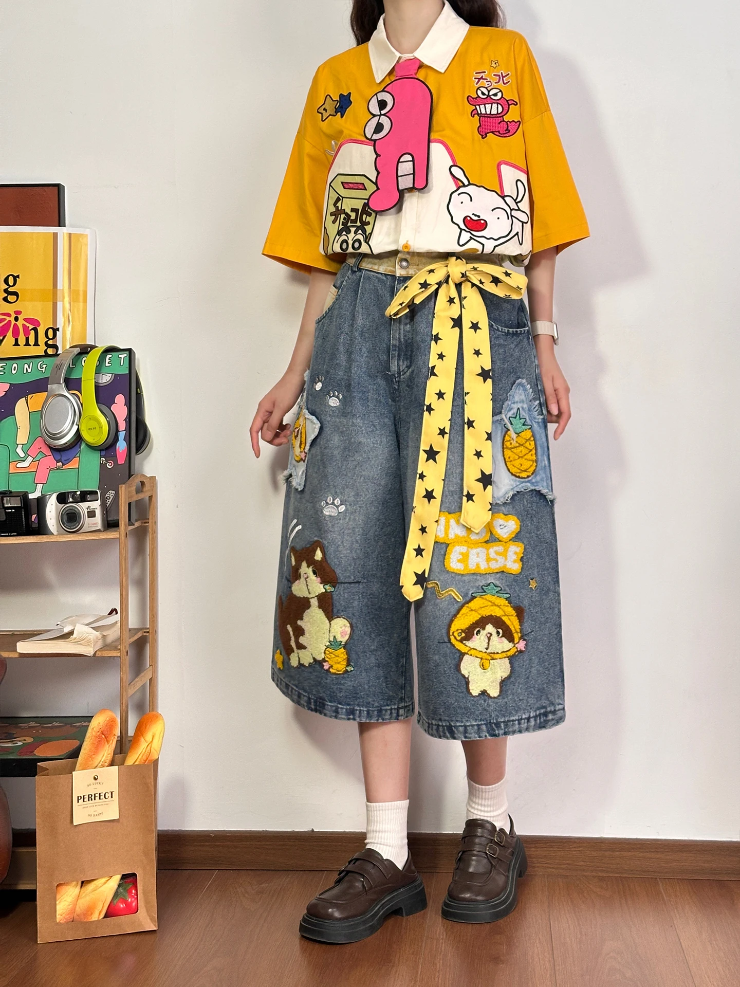 Retro American Cartoon  Embroidery Shorts Loose Wide Leg Jeans Summer Casual Comfortable Fit Women's Fashion Outerwear