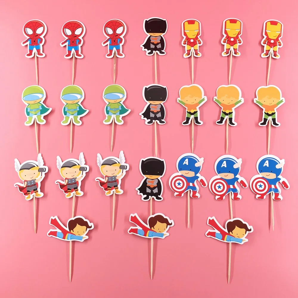Marvel Party Superhero Birthday Supplies Avengers Spiderman Cake Topper Decor Iron Man Kids Baby Shower Cupcake Wrapper Toppers