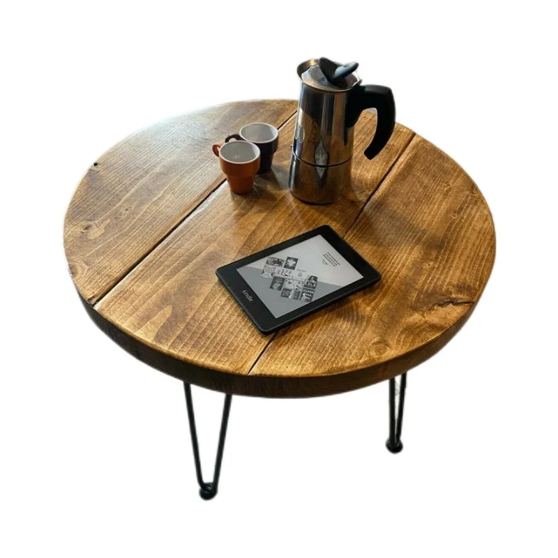 

Modern simple round coffee table retro wrought iron solid wood table household small apartment tea table creative solid wood